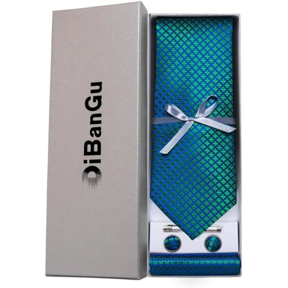 Plaid Ties for Men Silk Checkered Necktie and Pocket Square Cufflinks - Picture 4 of 7